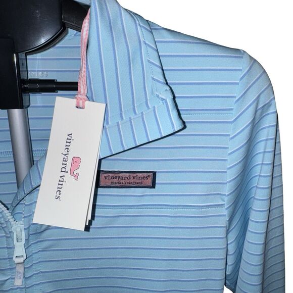 NWT Vineyard Vines Striped Sankaty Shep Shirt 1/4 Zip in Aqua & White, Women's S - Picture 11 of 16